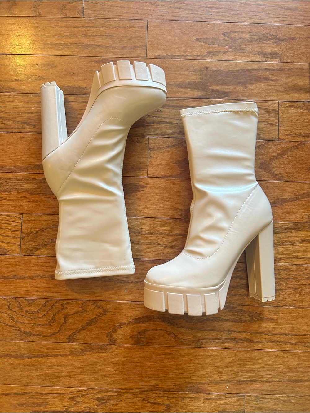 New Platform Block Heel Mid-Calf Boots in Cream